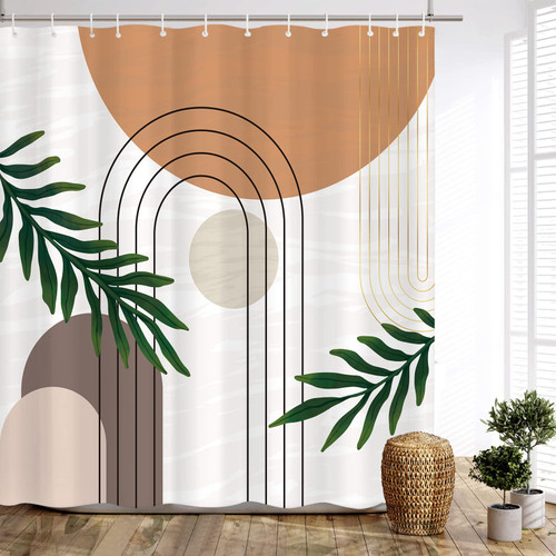 OhShining Boho Shower Curtain Boho Shower Curtains for Bathroom Abstract Mid Century Modern Fabric Shower Curtain Set with Hooks Arch Sun Minimalistic Green Plant Boho Bathroom Decor 72x72 Inch,Beige