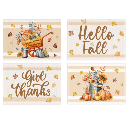 Fall Placemats Set of 4, Autumn Thanksgiving Fall Pumpkin Leaves Plaid Burlap Placemats 12 X 18 Inch Kitchen Dining Table Decor, Rustic Sunflower Fall Decorations for Home Rectangle Placemats