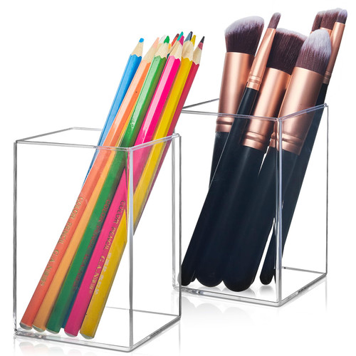 Qeirudu 2 Pack Acrylic Pen Holder Clear Makeup Brush Holder Desk Acrylic Pencil Cup Desktop Stationery Organizer Accessory for Office School Home