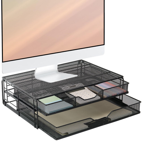 Spacrea Computer Monitor Stand for Desk with 2 Drawers, Metal Monitor Riser Desk Organizer, Computer Stand for Desktop Monitor, Monitor Stand Riser Laptop Stand for Desk, PC, Laptop, Printer, Black