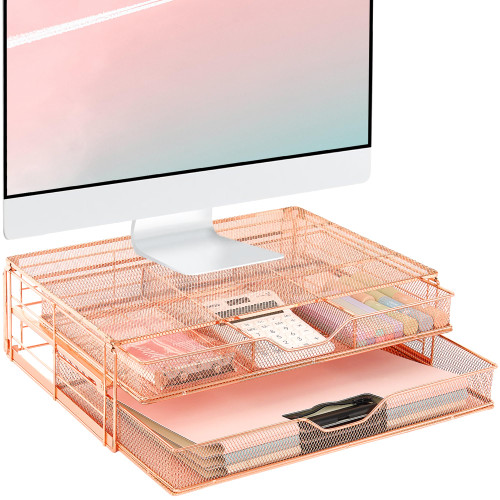 Spacrea Computer Monitor Stand for Desk with 2 Drawers, Metal Monitor Riser Desk Organizer, Computer Stand for Desktop Monitor, Laptop Stand for Desk, PC, Laptop, Printer ( Rose Gold)