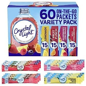 Crystal Light On-The-Go Powdered Drink Mix Variety Pack - lemonade, fruit punch, raspberry lemonade & wild strawberry - By Obanic (60 Count)