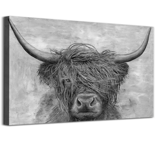 Abstract Cow Wall Art Canvas Highland Cow Farmhouse Wall Decor Cow Painting Black and White Longhorn Poster Country Rustic Farmhouse Animal Canvas Grey Cow Pictures for Bathroom 16x24inch No Frame