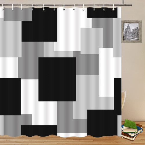 Yadshoti Geometric Shower Curtains Black White Grey Abstract Minimalism Geometry Patchwork Shower Curtain Simple Bathroom Decor Polyester Fabric Curtain Set 70 x 70 Inch with Hooks