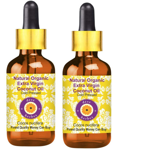 Deve Herbes Natural Organic Extra Virgin Coconut Oil (Cocos nucifera) with Glass Dropper Cold Pressed (Pack of two) 100ml X 2 (6.76 oz)