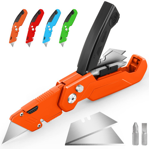 DIYSELF 1 Pack Box Cutter, Box Opener Knife with 2 Extra Blades, Razor Knife, Metal Belt Clip, Quick-change Folding Utility Knife, Razor Blades Utility Knife, Boxcutter (Orange)