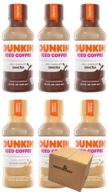 Dunkin Donuts Iced Coffee, 3 Mocha, 3 French vanilla, 13.7 Fl Oz, total 6 bottles