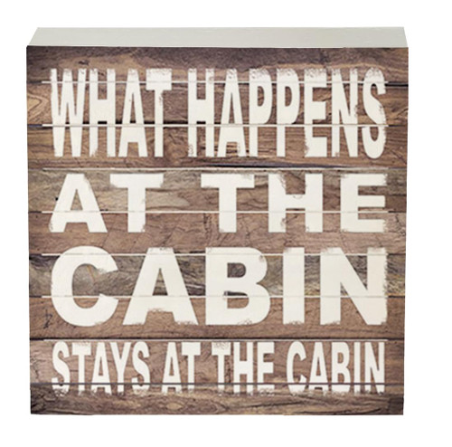 Knibeo What Happens at the Cabin Stays at the Cabin Wood Box Sign Decor,Gifts for Cabin Owners,Housewarming Gifts,Rustic Wooden Block Plaque Box Sign For Home Lake Cabin Wall Desk Shelf Decorations