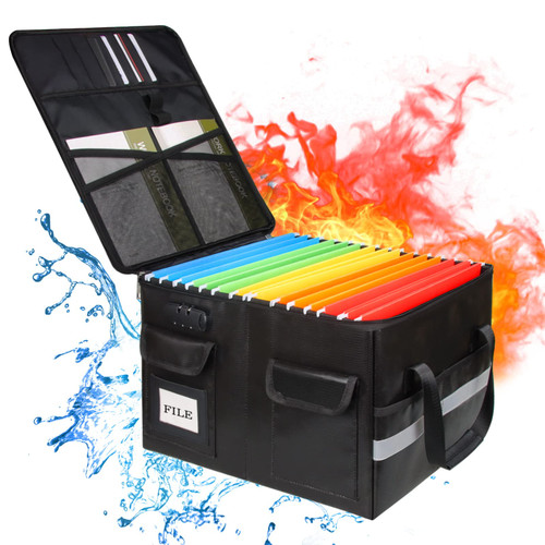 EEGAO File Box with Lock, Fireproof Document Organizer Box File Box with Lock Portable Office Collapsible File Storage with Handle, Fireproof Filing Cabinet for Hanging Letter & Legal Size Folder