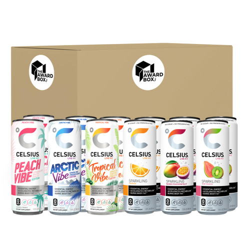 Celsius Sparkling Essential Energy Drink No Sugar or Preservatives 12 fl oz, Slim Cans Assorted Variety 12 Pack, in The Award Box Packaging Combo Box