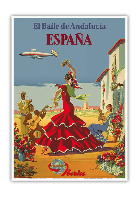 Spain - Andalusia - Iberia Air Lines of Spain - Flamenco Dancers - Vintage Airline Travel Poster c.1950s - Master Art Print 10in x 14in