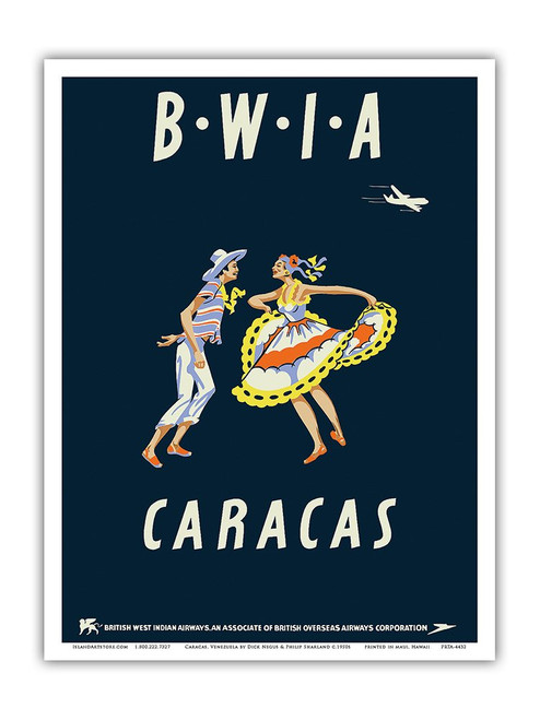 Caracas, Venezuela - British West Indies Airways BWIA (Bee-Wee) - Vintage Airline Travel Poster by Dick Negus & Philip Sharland c.1950s - Master Art Print 9in x 12in Caracas, Venezuela - British West Indies Airways BWIA (Bee-Wee) - Vintage Airline Travel Poster by Dick Negus & Philip Sharland c.1950s - Master Art Print 9in x 12in
