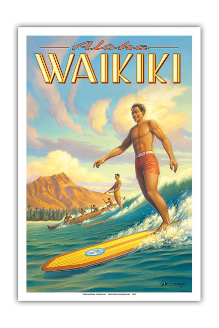 Aloha Waikiki - Surfing - Diamond Head - Oahu - Honolulu, Hawaii - Vintage Hawaiian Travel Poster by Kerne Erickson - Master Art Print 12in x 18in