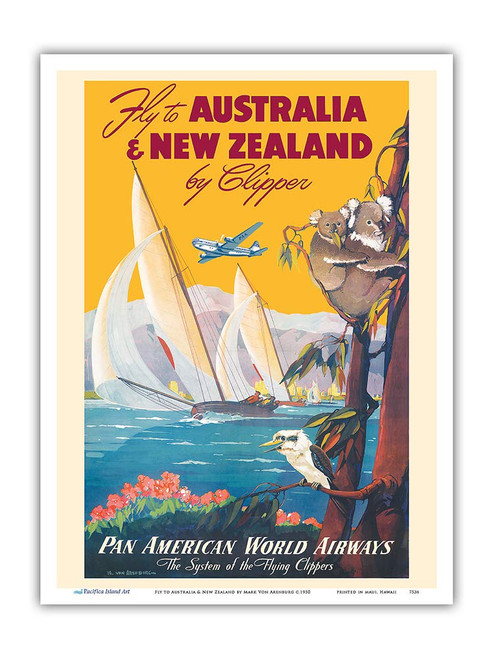 Australia & New Zealand by Clipper - Pan American World Airways - Vintage Airline Travel Poster by Mark Von Arenburg c.1950 - Master Art Print 9in x 12in Australia & New Zealand by Clipper - Pan American World Airways - Vintage Airline Travel Poster by Mark Von Arenburg c.1950 - Master Art Print 9in x 12in