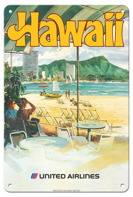 Pacifica Island Art Hawaii - Waikiki Beach - United Air Lines - Vintage Airline Travel Poster by Allen Beck c.1970s - 8in x 12in Vintage Metal Tin Sign Pacifica Island Art Hawaii - Waikiki Beach - United Air Lines - Vintage Airline Travel Poster by Allen Beck c.1970s - 8in x 12in Vintage Metal Tin Sign