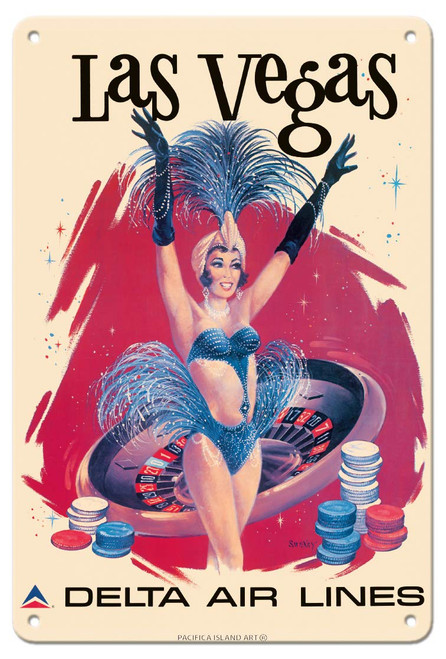 Las Vegas USA - Vegas Show Girl - Delta Air Lines - Vintage Airline Travel Poster by Fred Sweney c.1960s - 8in x 12in Vintage Metal Tin Sign