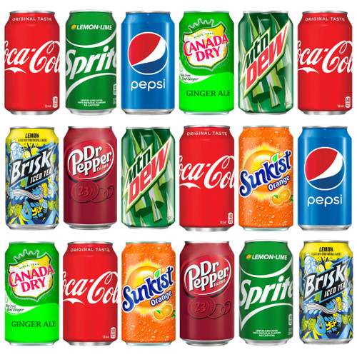 Soft Drink Assortment: Cola, Pepsi, Sprite, Mountain Dew, Dr. Pepper, Sunkist, Canada Dry Ginger Ale, Brisk Iced Tea - 12 Fl Oz (18 Pack)