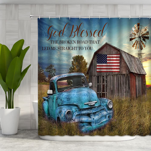 Farmhouse Antique Truck Shower Curtain Vintage Classic Old Car Windmill Rustic Wooden Barn Inspirational Quotes American Farm Natural Scenery Polyester Curtains Bathroom Decor with Hooks 70wX70h Inch