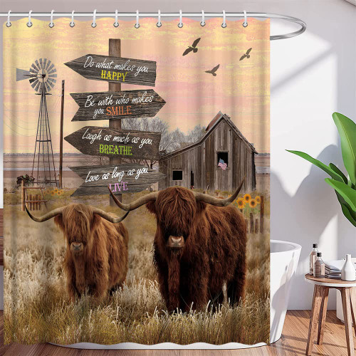 FGYGYK Highland Cow Shower Curtain Rustic Bull Cattle Vintage Barn Windmill Western Farm Animal Country Farmhouse Scenery Polyester Curtains Bathroom Decor with Hooks 70wX70h Inch
