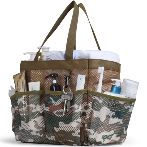 F-color Shower Caddy Portable - Mesh Shower Caddy Bag Basket Tote for College Dorm Room Essentials Bathroom Gym Camp Quick Dry Shower Bags for Women Men with S Hook, Brown Camouflage
