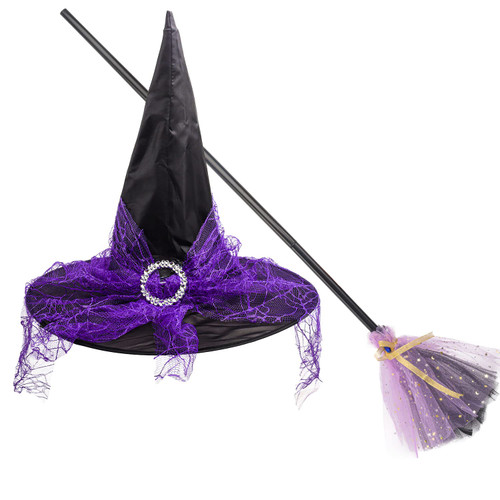 Halloween Witch Hat Witch Broom Plastic Witch Broomstick Broom Props for Costume Dress Up,Purple