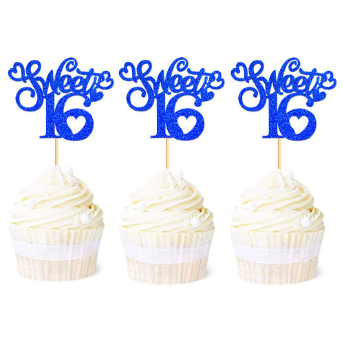 Ercadio 24 Pack Sweet 16 Cupcake Toppers Blue Glitter Sweet 16 Cupcake Picks 16th Birthday Cupcake Toppers Cheers to 16 Cupcake Decors for 16th Birthday Anniversary Party Cake Decor Supplies