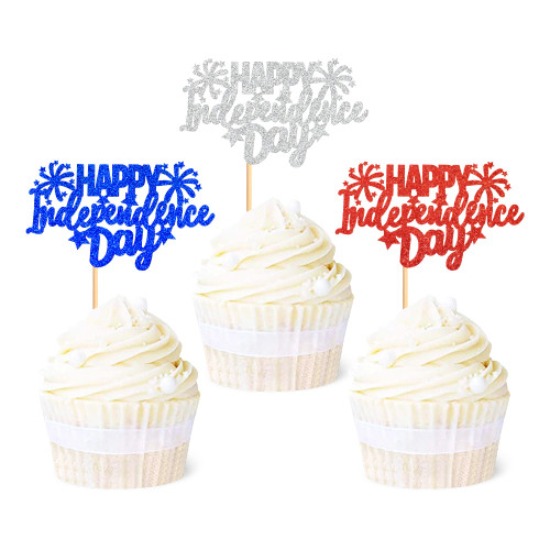 Ercadio 24 Pack Happy Independence Day Cupcake Toppers Blue Red Silver Glitter Star USA Patriotic Cupcake Picks for 4th of July American National Independence Day Theme Party Cake Decor Supplies