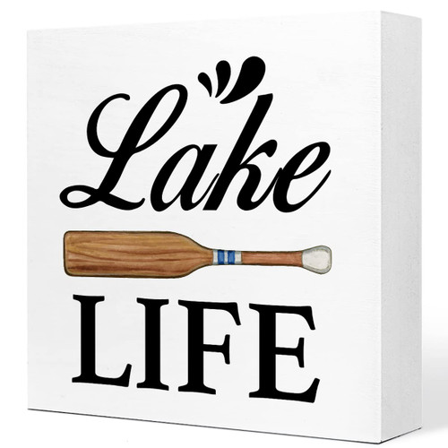 Summer Desk Decor,Lake Life Paddle Rustic Lake Wooden Plaque Sign Desk Decor,Retro Lake Cabin Home Wood Block Sign Desk Decorations for Primitive Country Lake Farmhouse Shelf Table Decor