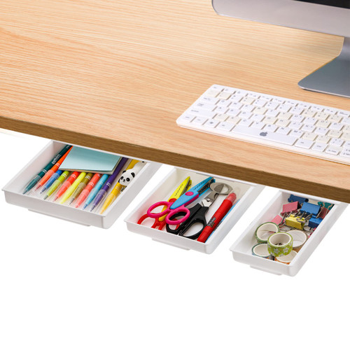 Frcctre 3 Pack Under Desk Drawer Organizer, Self-Adhesive Under Desktop Storage Drawer Pencil Tray, Slide Out Hidden Under Table Storage Tray Drawer for Office School Home