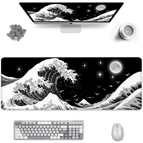 Viorichve Gaming Mouse Pad Japanese Black and White Sea Wave Large XXL Mouse Pad Extended Big Desk Mat 31.06" x 11.8" Keyboard Laptop Computer Mousepad for Home Office Gaming Work