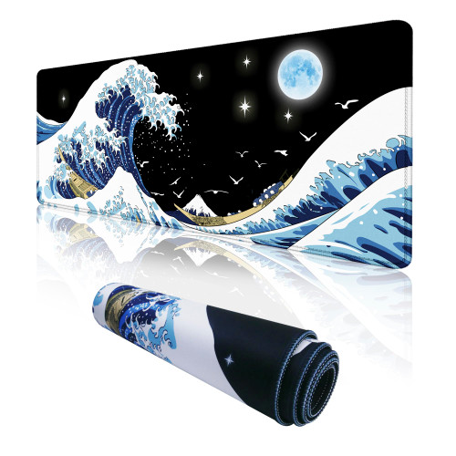 Viorichve Japanese Sea Wave Gaming Mouse Pad Extended Large Mouse Pad XXL Big Desk Mat 31.06" x 11.8" Keyboard Laptop Computer Mousepad with Non-Slip Base Stitched Edge for Home Office Gaming Work
