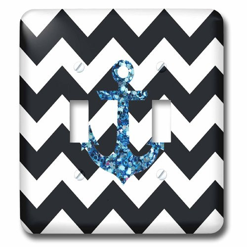 3dRose lsp_201996_2 Blue Glittery Anchor with Black and White Chevron Double Toggle Switch
