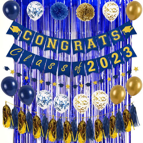 Graduation Decorations Class of 2023 - Blue and Gold Grad Party Decorations Class of 2023 Banner Paper Pompoms Congrats Grad Foil Fringe Curtain Backdrop and Senior Balloons for Graduation Party Supplies Graduation Decorations Class of 2023 - Blue and Gold Grad Party Decorations Class of 2023 Banner Paper Pompoms Congrats Grad Foil Fringe Curtain Backdrop and Senior Balloons for Graduation Party Supplies