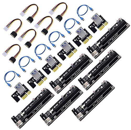Baile 6-Pack PCIe Dual Chip PCI-E 16x to 1x Powered Riser Adapter Card w/ 50cm USB 3.0 Extension Cable & 6 Pin PCI-E to SATA Power Cable - GPU Riser Adapter Extender Cable - Ethereum Mining ETH