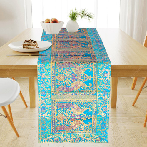 United Craft Art Silk Table Runner, Peacock Design Silk Table Runner, Indian Silk Table Runner for Decoration on Birthday Party, Kitchen Wedding Decoration, (Turquoise 16x60) Inch