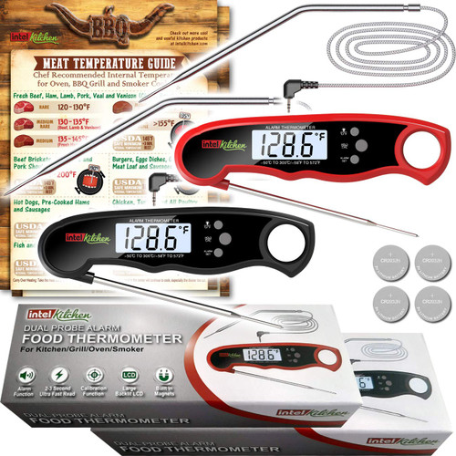 2 Packs Accurate Alarm Digital Instant Read Dual Probe Meat Thermometers Pre-Calibrated for Kitchen Oven BBQ Grill Smoker Air Fryer Accessories Backlight LCD Meat Temp Chart Food Cooking - Black & Red