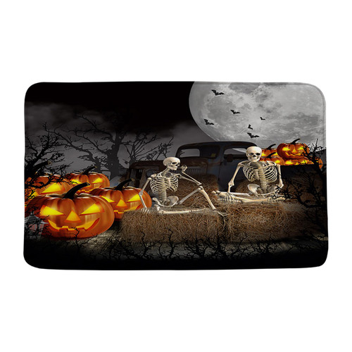 JOFKAXU Halloween Bath Mat Gothic Skeleton Scary Pumpkin Spooky Full Moon Night Rustic Farm Truck Skull Black Bat Horror Dead Tree Farmhouse Decor Bathroom Rugs