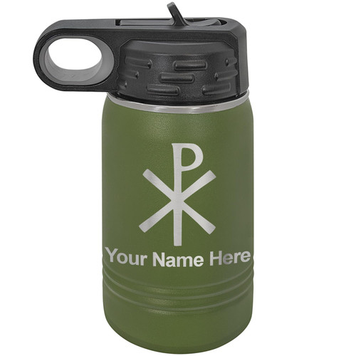 LaserGram 12oz Double Wall Flip Top Water Bottle With Straw, Chi Rho, Personalized Engraving Included (Camo Green)