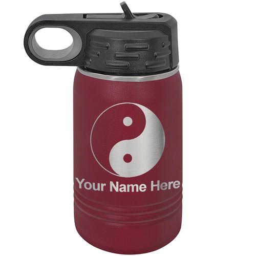 LaserGram 12oz Double Wall Flip Top Water Bottle With Straw, Yin Yang, Personalized Engraving Included (Maroon)
