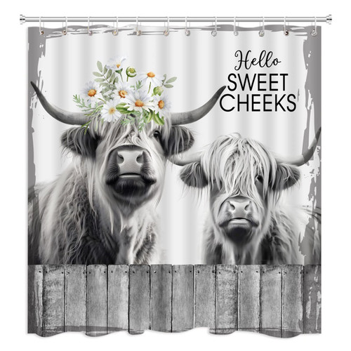 BBIOKD Farmhouse Cow Shower Curtain Rustic Highland Cattle Country Farm Animal Daisy Flower Western Longhorn Cows Fabric Polyester Bath Curtains Bathroom Set with Hooks 70x70 Inch