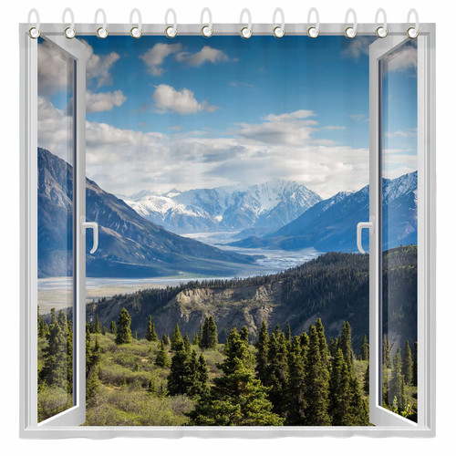 Nature Shower Curtain, Blue Sky Trees Mountain Scenic Bath Curtains with 12 Hooks, Home Decor Waterproof Polyester Fabric Shower Curtain Set for Bathroom 72" x 72"