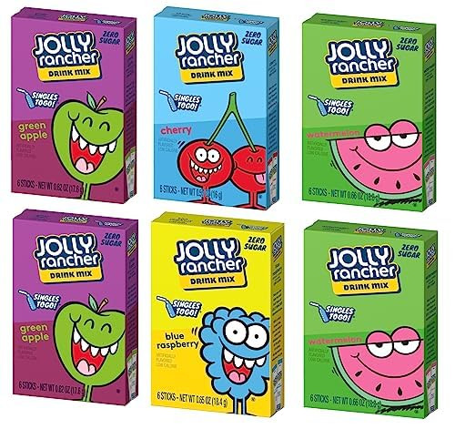 Jolly Rancher Singles to Go Drink Mix Variety 6 Pack Bundle - Blue Raspberry, Green Apple, Watermelon and Cherry Water Flavoring Packets