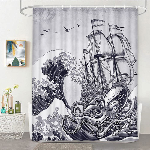 Octopus Nautical Shower Curtain, Kraken Shower Curtain Set with Hooks For Bathroom Grey and White Pirate Fabric Shower Curtains with Ocean Animal Sailboat Waterproof Bathtubs Decor (69 X 70inch) Octopus Nautical Shower Curtain, Kraken Shower Curtain Set with Hooks For Bathroom Grey and White Pirate Fabric Shower Curtains with Ocean Animal Sailboat Waterproof Bathtubs Decor (69 X 70inch)