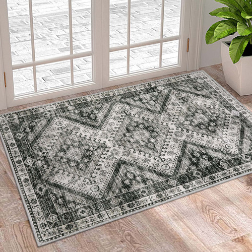 Lahome Vintage Small Area Rug- 2x3 Entryway Rug Ultra-Thin Soft Kitchen Rug Non-Slip Indoor Door Mat Geometric Distressed Throw Carpet Washable Rugs for Entryway Bathroom Bedroom(2x3ft,Grey)