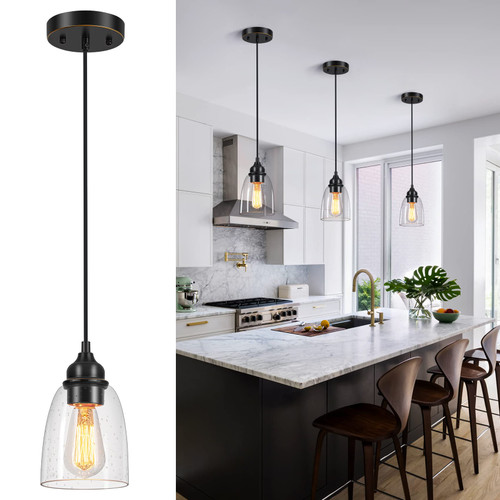 WILON Pendant Lights Kitchen Island, Industrial Seeded Glass Pendant Lighting, Black Pandent Light Fixture, Mini Farmhouse Pendant Ceiling Light Fixtures for Kitchen Island Dining Room Living Room WILON Pendant Lights Kitchen Island, Industrial Seeded Glass Pendant Lighting, Black Pandent Light Fixture, Mini Farmhouse Pendant Ceiling Light Fixtures for Kitchen Island Dining Room Living Room