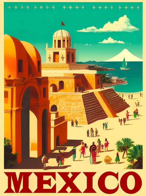 A SLICE IN TIME Mexico Retro Travel Poster. Glossy Paper Print for Walls. 10 x 13.5 inches. Shipped Flat with Cardboard Backing.