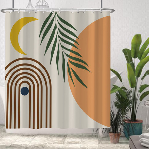 MIRRORANG Boho Shower Curtain with Hooks Modern Minimalist Geometric Shower Curtain for Bathroom Mid Century Green Leaves Washable Bathroom Accessories Bathtub Decor 72x84inch