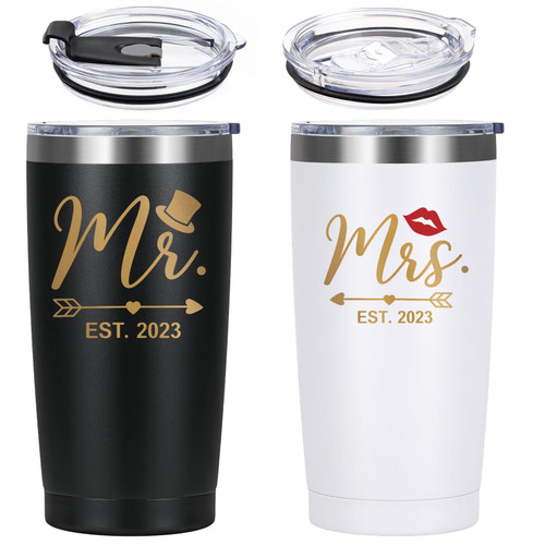 LiqCool Mr and Mrs EST 2023 Tumbler, Couples Gifts, Wedding Gifts for Couples, His and Hers Gifts for Newlyweds Husband Wife Bride Groom, 20 Oz Tumbler Gift for Bridal Shower Anniversary Engagement