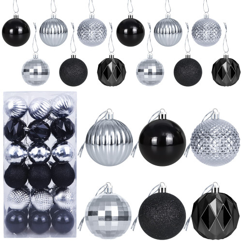 36Pcs 6cm Black Silver Christmas Balls Ornaments for Christmas Tree- Christmas Decorations- Xmas Tree Ball Baubles Ornaments - Christmas New Year Holiday Home Farmhouse Hanging Ornaments - Xmas Decor