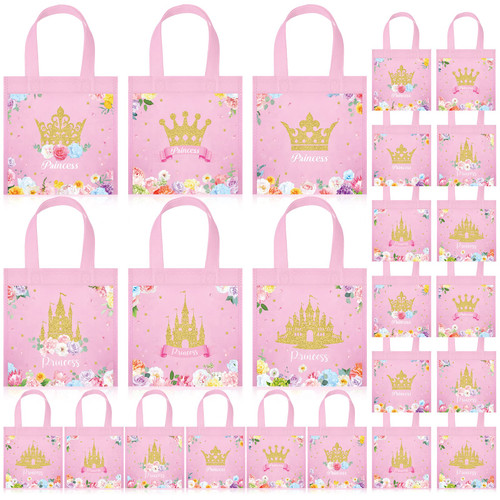 WILLBOND 24 Pcs Princess Party Favor Bags Princess Castle Party Treat Bag Non Woven Princess Tote Bag with Handle Pink Princess Goodie Candy Gift Bag for Princess Baby Shower Birthday Party Decoration